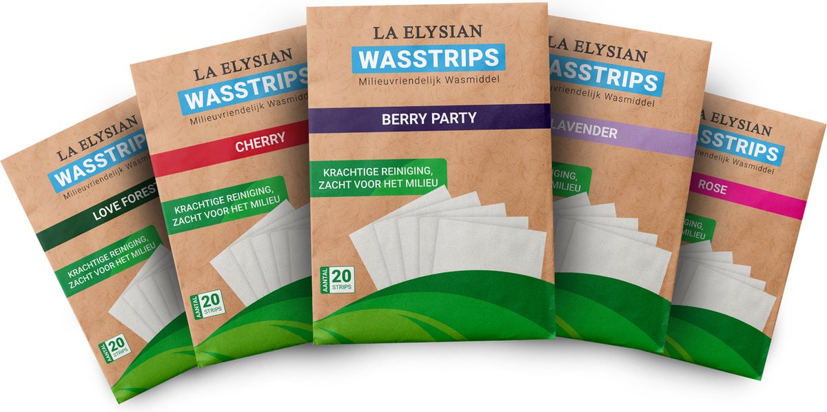 Goedkoopste La Elysian Wasstrips Proefpakket (5 x 20 Strips, 100 Wasbeurten) – Milieuvriendelijk, Plasticvrij en Krachtige Reiniging – Geschikt voor Alle Textiel