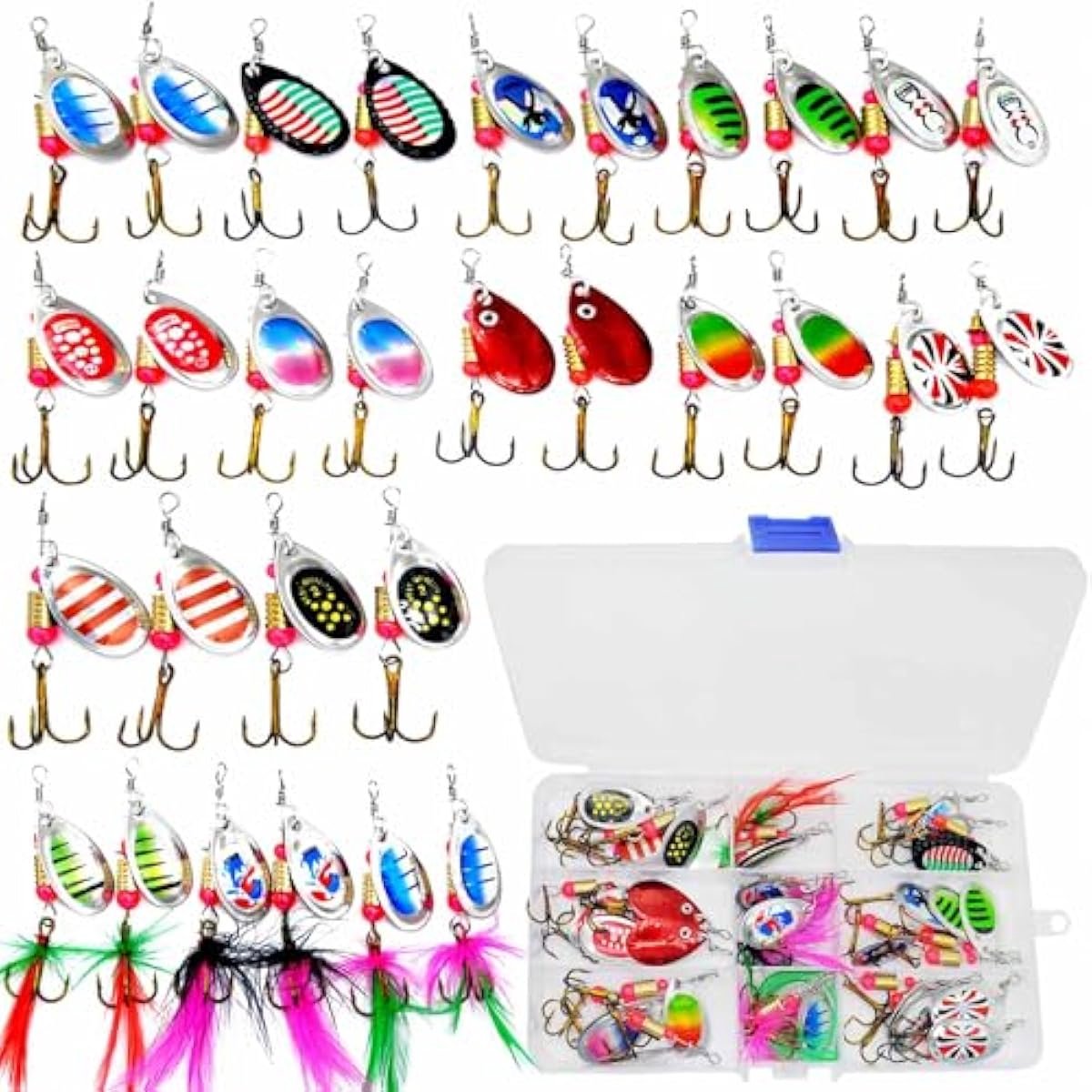 Homesy - 31 stuks visaas-set, spinner, knipperlicht, wobbler lepel, vishaken met drielingen, haken, visaccessoires, visset, pailletten kunstaas, visaas met doos voor forel, baars, snoek, snoekbaars