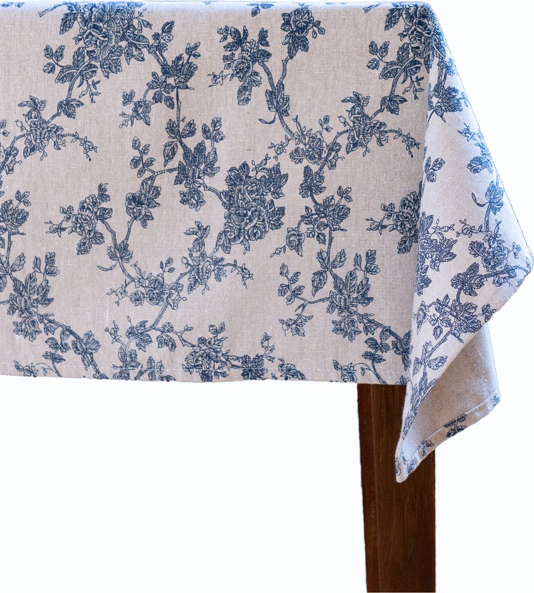 Tafelkleed Bloemen - 220 x 135 cm Katoen Tafellaken Linnen Look Tafellinnen - Beige Blauw