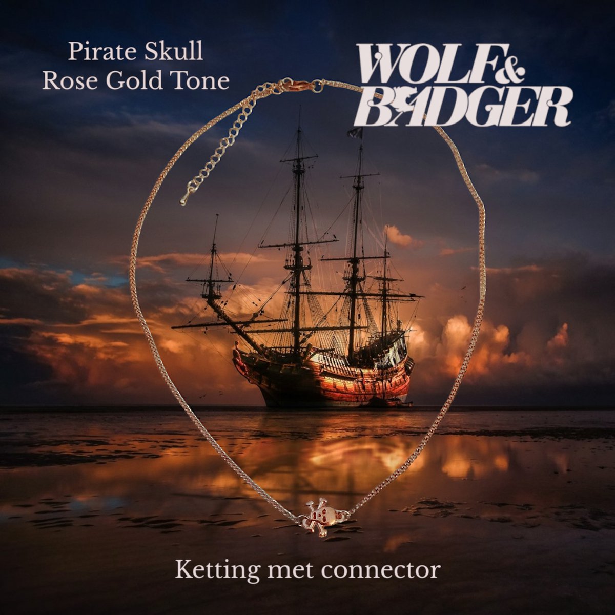 Fashion Jewelry - Wolf & Badger - Rose gold tone ketting met connector - Piraten doodskop - 44,5 cm - kinderen jeugd - unisex - casual (thema) feest