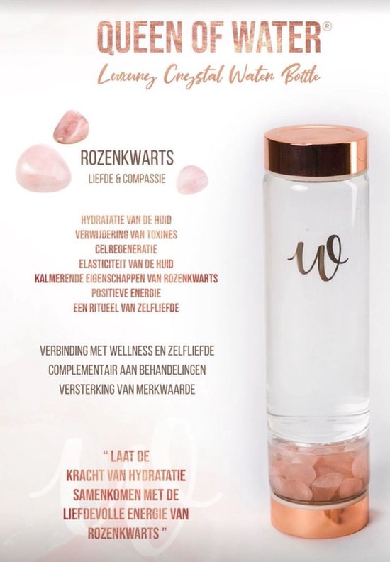 Queen of Water luxe kristallen waterfles met rozenkwarts. Tekst in het Nederlands over de voordelen.