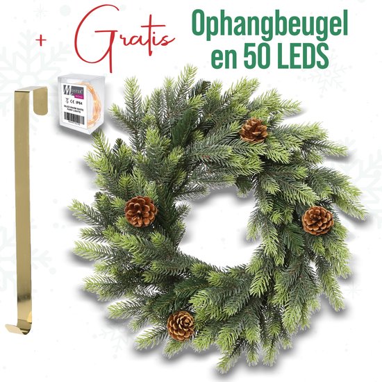 Meisterhome Kerstkrans 50 cm - Inc. Gratis 50 LED lapjes - Goude Ophangbeugel voor het oppimpen van je eigen kerstkrans - Kerst krans geschikt voor binnen en buiten