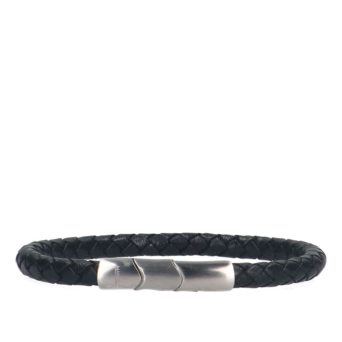 Manfield - Heren - Zwarte leren gevlochten heren armband - Maat 1