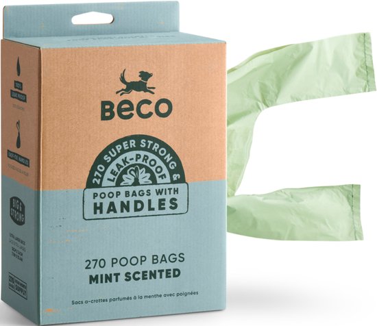 Doos met 270 Beco mintgeur poepzakjes met handvatten, 100% lekvrij en extra sterk.