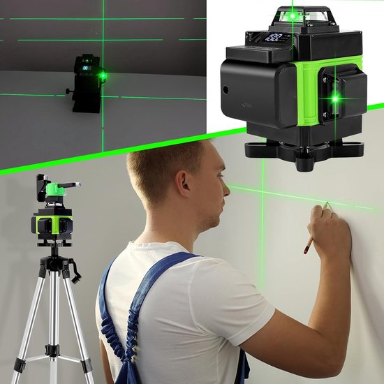 Man met blauwe overall tekent lijn op muur, met laser en statief.