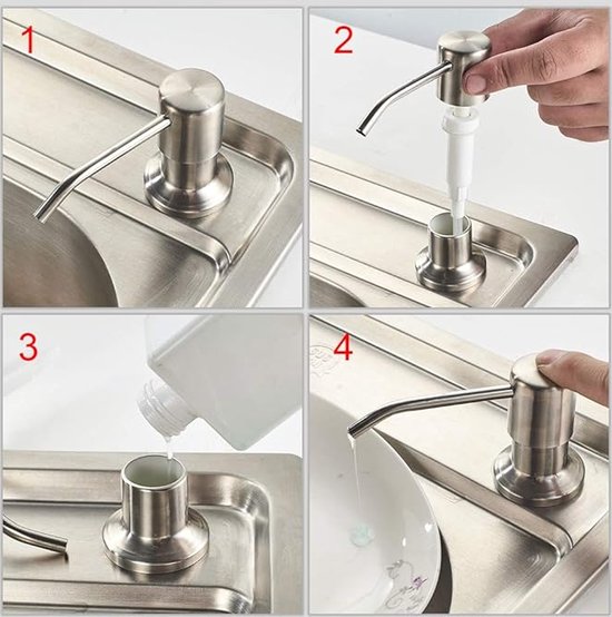 Stappen voor het installeren van een zilverkleurige zeepdispenser in een gootsteen.