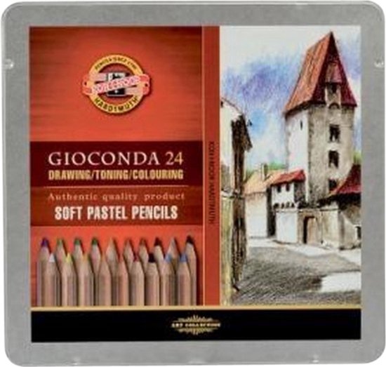 Koh-I-Noor Gioconda 24 Soft Pastel Pencils. Zichtbaar zijn de puntjes van de potloden in diverse kleuren, met een tekening van gebouwen ernaast.