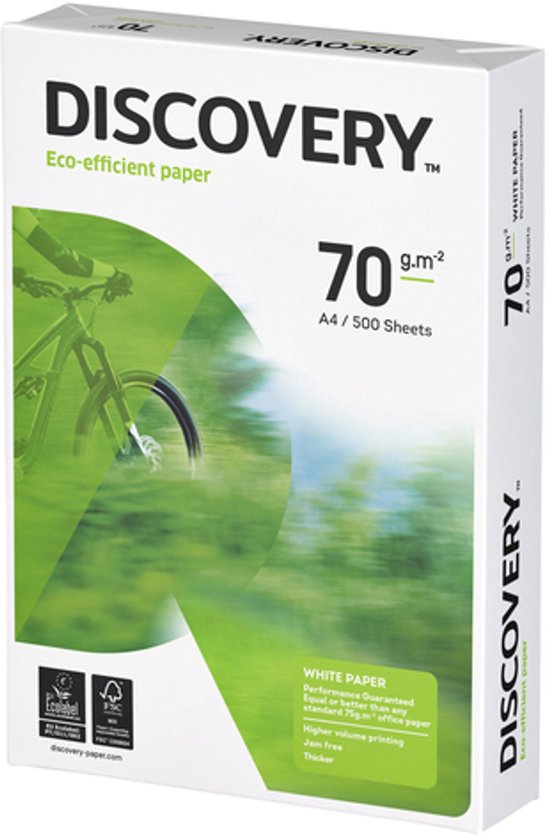 Witte Discovery A4 70gr papierdoos met groen landschap en fietsafbeelding, 500 vel.