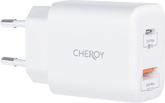 Chargeur mural blanc Cheroy 30W avec ports USB-A (orange) et USB-C (blanc), branché sur secteur.
