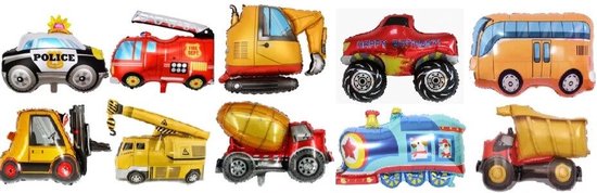 Auto ballonnen set 10 st.- Folie ballon - Helium - Leeg - Bus - Cementwagen - Heftruck - Graafmachine - Hijskraan - Politie - Brandweer - Trein - Kiepwagen - Monstertruck - Ballonnen - Auto's - Cars - Auto ballon - Versiering - Thema feest - Groot