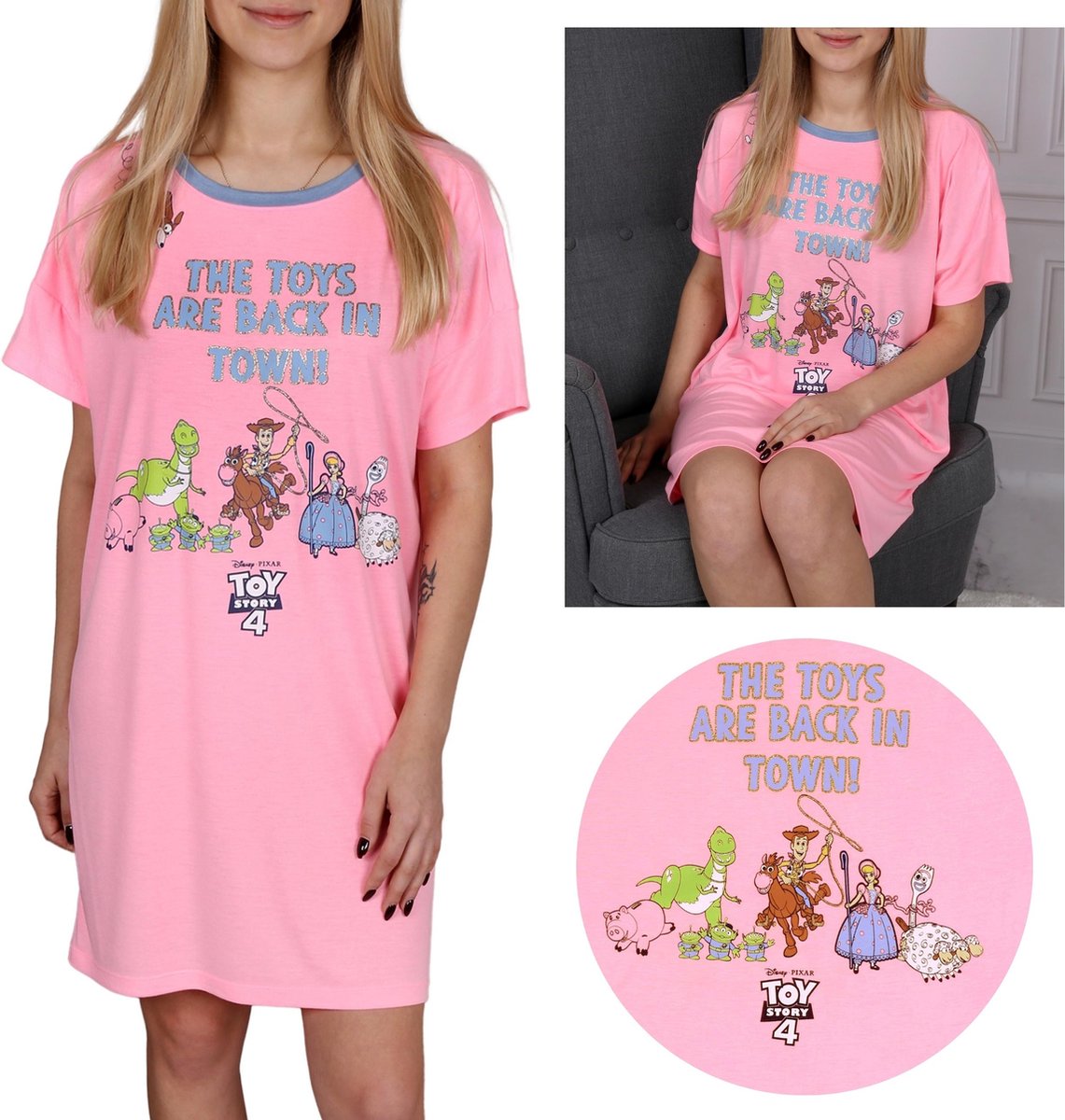 Disney Toy Story Neonroze nachtjapon met korte mouwen, dames