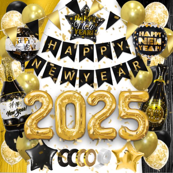Q2Party - Happy New Year - Feestpakket - Goud - Oud En Nieuw - Versiering - 2025 - Nieuw Jaar - Pakket - Decoratie - Ballonnen