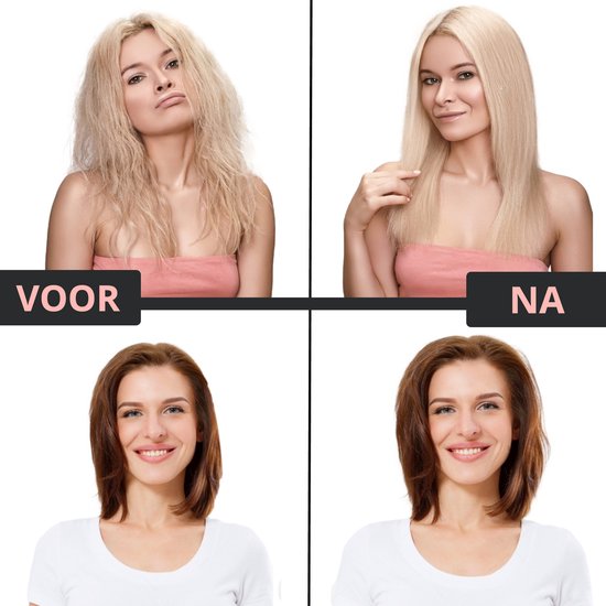 Vergelijking van voor en na styling met de warme luchtborstel, bij twee vrouwen met blond haar.