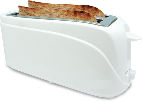 Wit broodrooster met twee sneetjes toast. "STOP" knop zichtbaar.