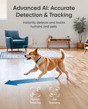 Rendierend bruin met witte hond. Blauwe kader duidt 'Human Tracking' en 'Pet Tracking' aan.