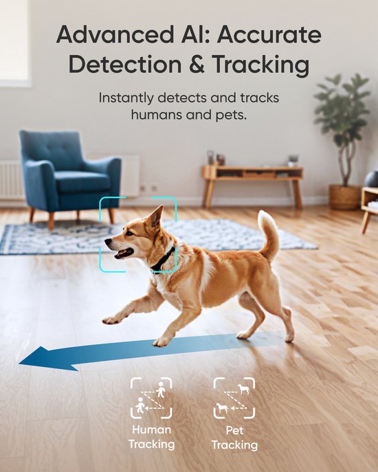 Rendierend bruin met witte hond. Blauwe kader duidt 'Human Tracking' en 'Pet Tracking' aan.