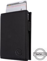 Zwarte portemonnee met creditcards uitgeschoven. Met 'VEXON' logo en '7 Kaarten (+5)' stempel.