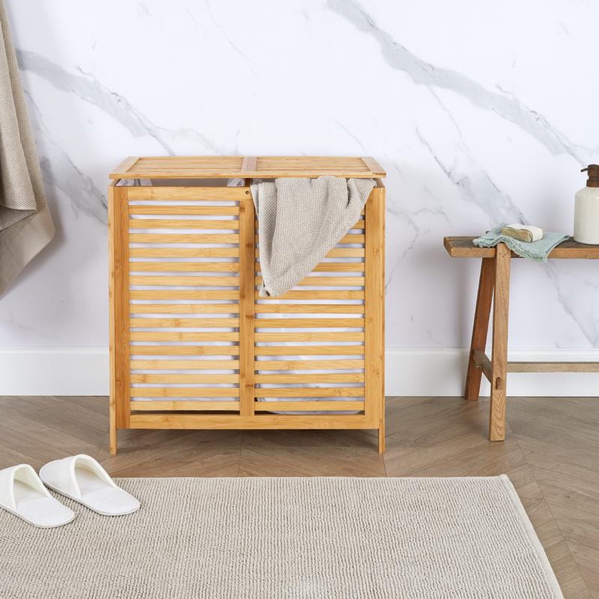 Goedkoopste Fameilleur- hout-wasmand 50 liter- 2 polyester waszakken van 25 liter- dubbel- Dubbele wasmand - bamboe- was mand- groot- douche- opberghok- wasjes- kleding mand- kledingmand