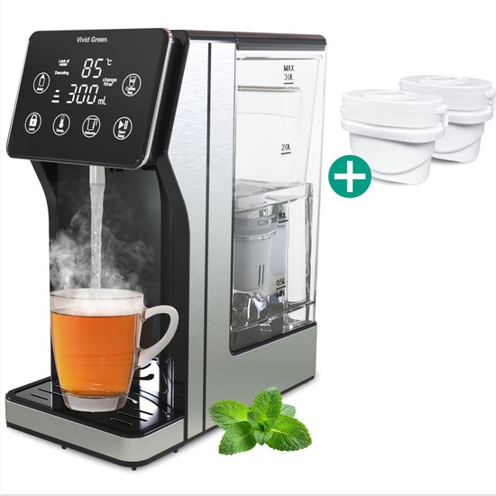 Heetwaterdispenser 3L - 40° 100° - 100/200/300/400ml - Instant Waterkoker - RVS- Vivid Green met 4 x waterfilter