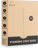 Doos van Bayt staande kapstok met beschrijvingen: 8 haken, 3 hoogtes, solide hout, zwart.
