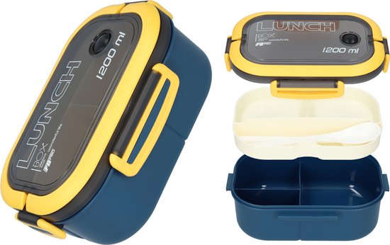 Lunchbox - Luxe bentobox - Bento box Voor volwassenen en kinderen - 3 vakjes - Lepel en vork inbegrepen - Ook te gebruiken als broodtrommel - Luchtdicht en lekvrij - 1200 ml - Blauw