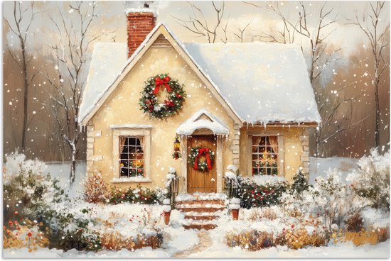 Poster 120x80 cm - Kerst - Huis - Winter - Sneeuw - Posters - Kamer decoratie - Wanddecoratie woonkamer - Muurdecoratie slaapkamer - Kerstversiering - Kerstdecoratie voor binnen - Kerstmis