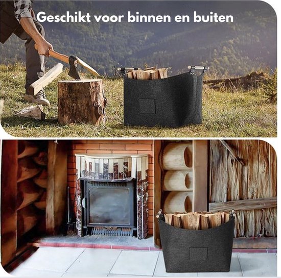 Bovenste afbeelding: buitenlandschap met man die hout hakt, met een donkergrijze vilten mand. Onderste afbeelding: mand met hout binnen bij een haard.