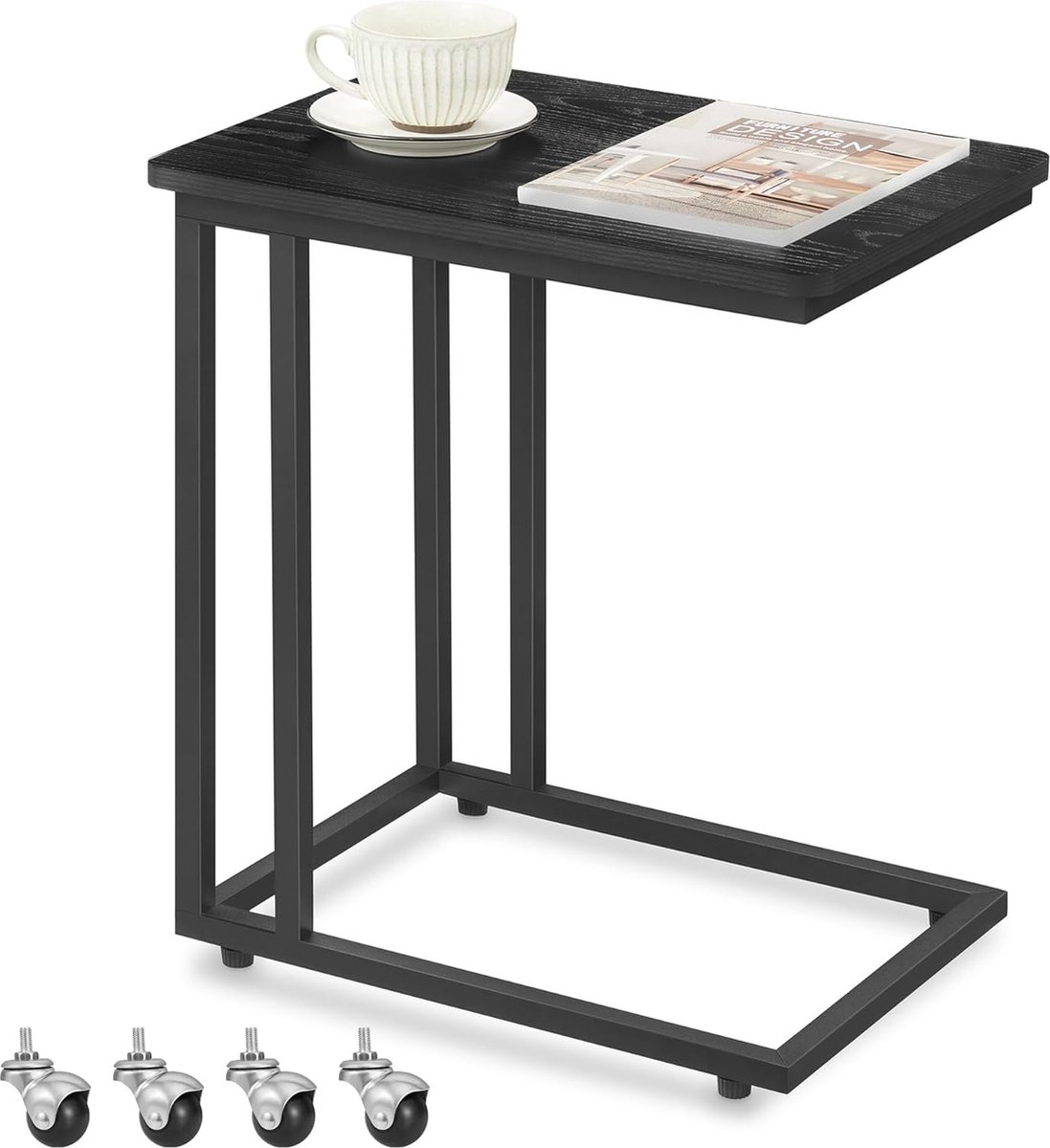 FurnStar - Bijzettafel - Banktafel met Wieltjes - C-Vorm - Mobiele Koffietafel - 35 x 50 x 60 cm - Woonkamertafel met Metalen Frame - Voor Koffie en Laptop - Modern - Ebbenzwart
