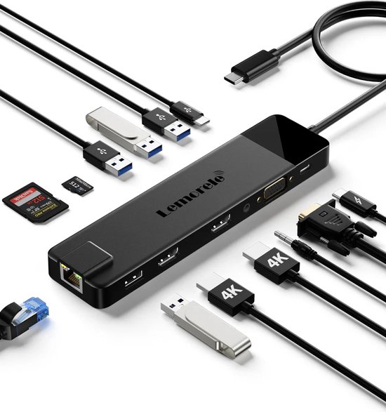 Zwarte Lemorele 13-in-1 multiport adapter met aangesloten kabels, SD-kaarten en USB-sticks.