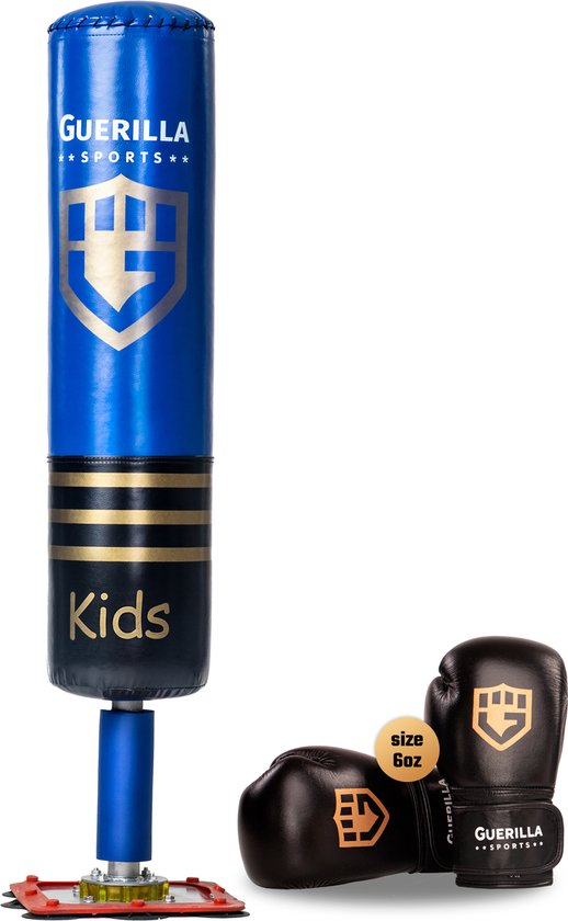 Guerilla Sports – Staande Bokszak "KIDS BLUE" - Inclusief leren bokshandschoenen - Kickbokszak met stevige voet in hoogwaardige kwaliteit en leren bokshandschoenen (6oz) – Kids – Boksbal kind