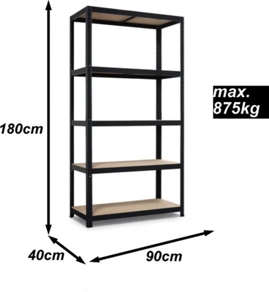 Zwarte stellingkast met vijf houten planken, met afmetingen: 180cm hoog, 90cm breed, 40cm diep. Max. 875kg.