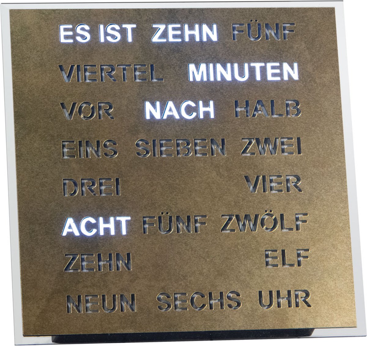 Intertime | Woordklok | Wandklok | Tafelklok | 20x20 | Goud | Duits