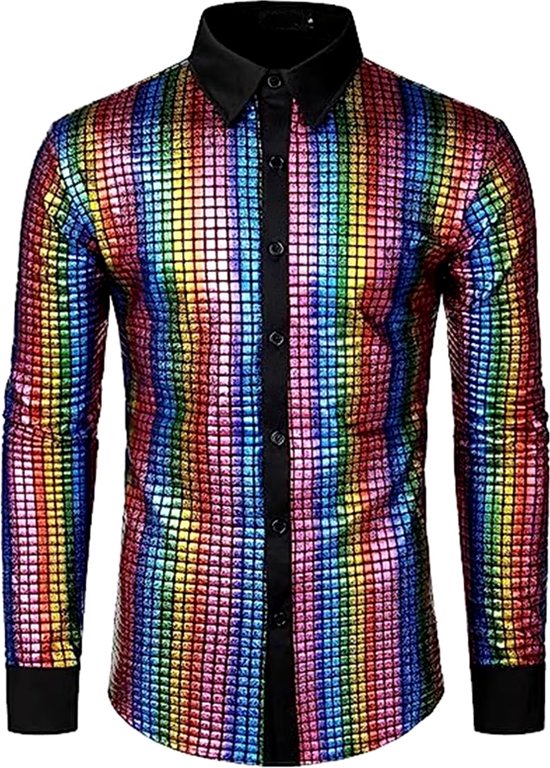 Multicolor disco shirt heren - Dance blouse - Overhemd - Klassieke kraag - Feest