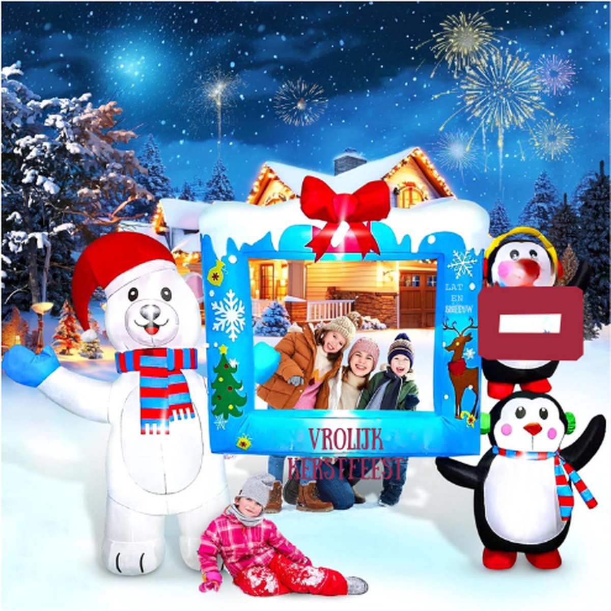 6FT Opblaasbare Kerstmis Decoraties - Sneeuwman en Pinguïn Met Blauwe Fotolijst - Opblaasbare Tuindecoratie Voor Kerstmis - Grappige Kerstfoto-rekwisieten Voor Binnen- en Buitendecoraties