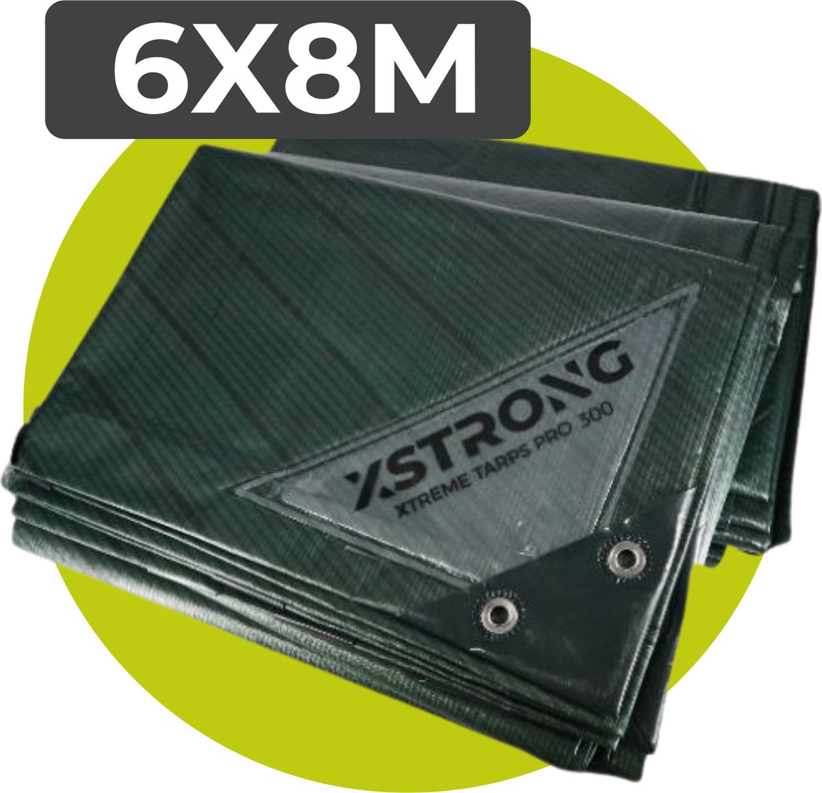 Xstrong Afdekzeil Pro - 6 x 8 m - 300g/m2 - Groen - 100% Waterbestendig en Scheurbestendig - voor daken, zwembaden, tuinmeubelen, voertuigen, fietsen
