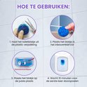 Vier stappen met instructies voor het gebruik van wc-blokjes, inclusief een vergrote weergave van het blokje in water.