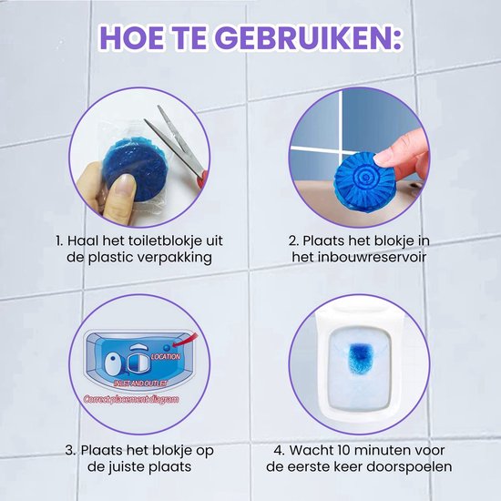 Vier stappen met instructies voor het gebruik van wc-blokjes, inclusief een vergrote weergave van het blokje in water.