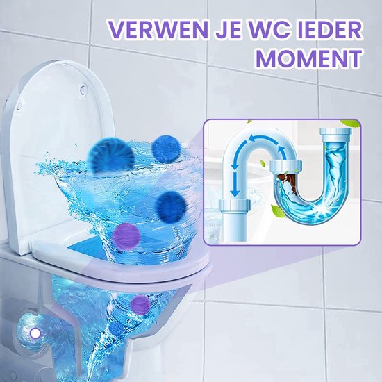 Paarse en blauwe wc-blokjes die in een kolkende wc-pot met blauw water vallen. Een inzet toont de reiniging van een gootstuk.