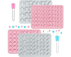 4 Pcs Gumdrop Molds with 2 Droppers Silicone Animal Fruit Gummy Mold 206 Cavities - Candy Mold Chocolate Jelly Mold Non-Stick Coating Kitchen Baking Pans Ice Cubes Trays - Pink Grey