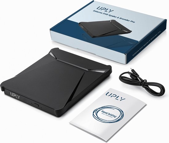 UPLY externe DVD-speler en brander in de verpakking, met een handleiding en USB-kabel. Zwart, compact en plat design.