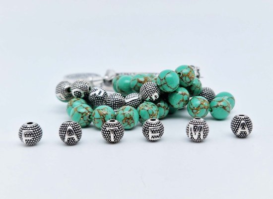Tasbih naam fait main 33 Perles Natuursteen « Howlite verte filée or » - avec pompon métal « Palestine » - Avec votre naam ou le naam de votre bien-aimé - Diamètre du grain 8 mm