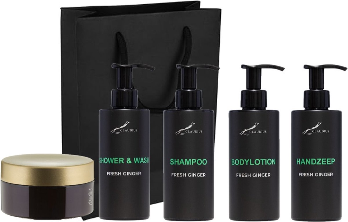 Goedkoopste Compleet pakket Fresh Ginger - Shower & Wash Shampoo Bodylotion Handzeep Scrubzout 300 gram - 300 ml per fles - complete set van 5 stuks - met luxe gift tas - kerst cadeau - giftset voor hem en haar