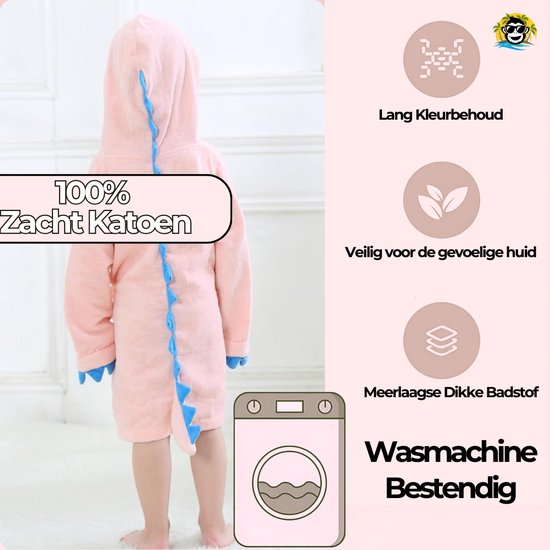 BoefieBoef Roze Dinosaurus Baby Badjas Kinderen 1-3 Jaar - Zachte Katoenen Kleuter Ochtendjas met Capuchon - Absorberende Handdoek Badcape - Warme Peuter Badjas voor Waterpret, Na Bad & Zwemles - Jongens & Meisjes - Perfect Cadeau in 4 Kleuren! van Merkloos — afbeelding 4