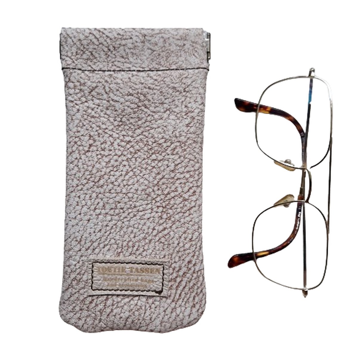 Handgemaakte Leren Brillenkoker Beige - Knijpsluiting - Brillenetui - Brillentas - Leder - Snappouch