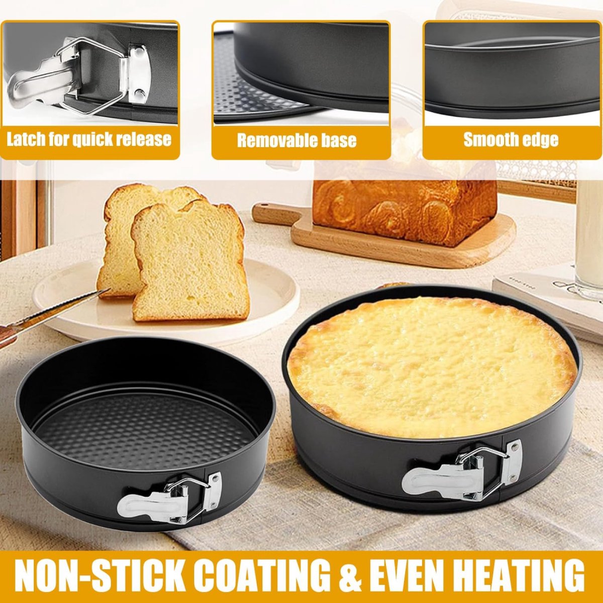 3-Delig Ronde Springvorm Set - Bakblik Rond - Taartvorm - Bakvorm Met Anti Aanbaklaag - 20, 22 En 24cm - Afneembaar Onderstel - Bak Gelijkmatig - Bakset - Cakevorm - Vaatwasmachinebestendig - Metaal - Zwart – foto 8