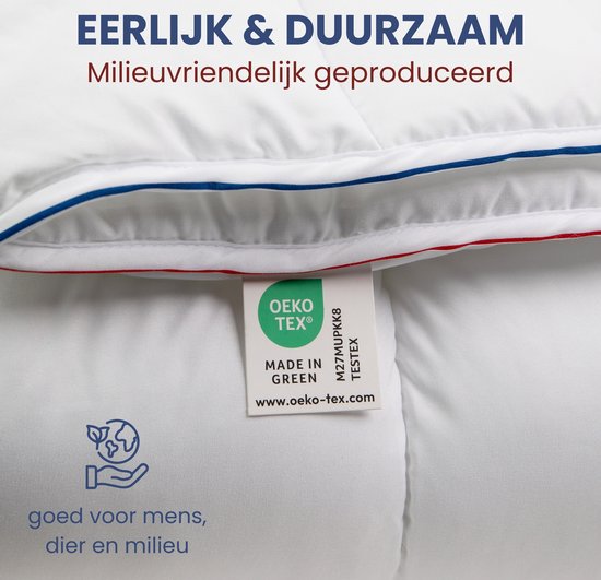 Detail van een wit dekbed met rode en blauwe bies, met een groen OEKO-TEX® label.