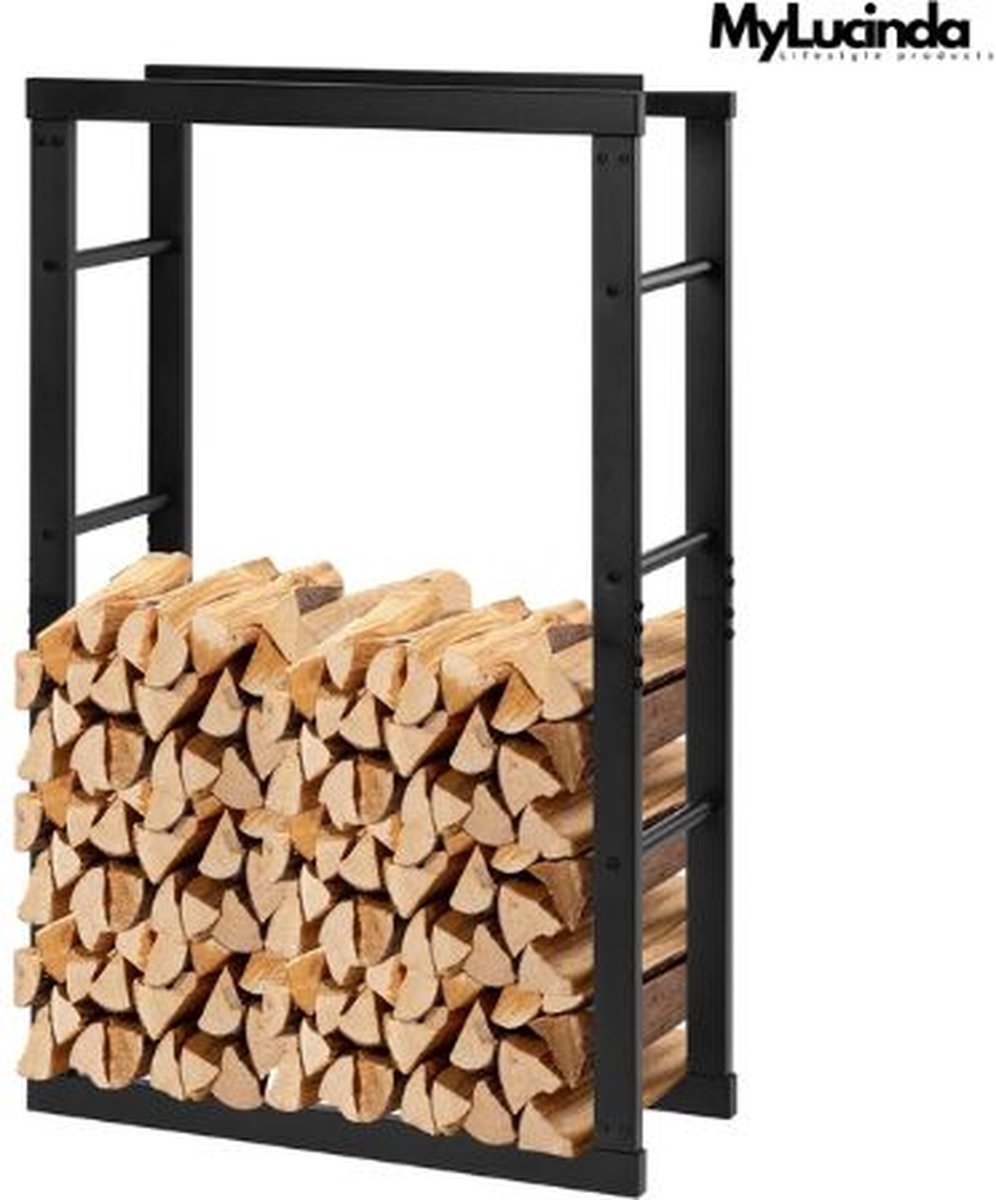 Mylucinda® - Zwart Brandhoutrek voor Indoor & Outdoor – Metalen Haardhoutopslag – 100x60x25 cm – 50 kg Laadvermogen