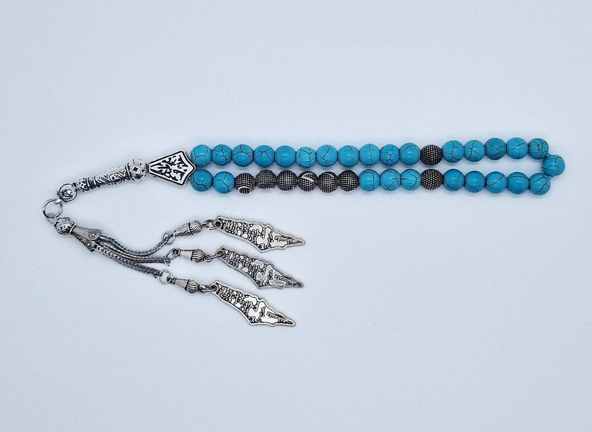 Handgemaakte naam tasbih 33 Kralen Natuursteen “ Turkoois” - met metaal tassel “Palestina"- Met je naam of de naam van uw geliefde- 8 mm diameter van de korrel