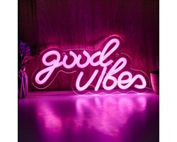 foto van Dicadore - Neon Lamp - Good Vibes Roze - Incl. Ophanghaakjes - Neon Sign - Neon Verlichting - Neon Led Lamp - Wandlamp