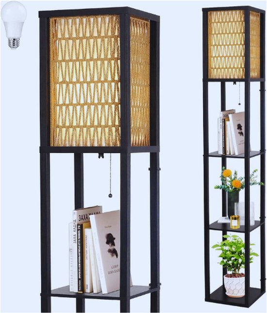 SUNLLOK Boho rotan vloerlamp voor woonkamer, industriële bamboe lampenkap staande lamp met voetschakelaar, moderne zwarte geweven hoge vloerlamp voor keukeneiland, slaapkamer, kantoor (retro